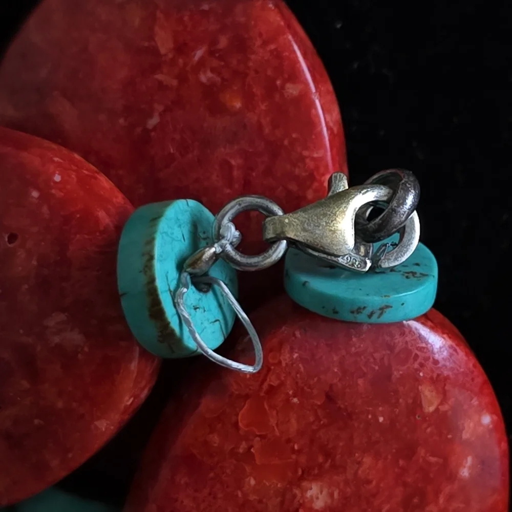 Vintage Turquoise and Graduated Sponge Coral 925 Beaded Necklace & Ring - Picture 4 of 15